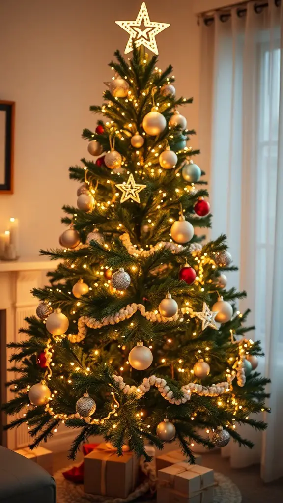 A beautifully decorated Christmas tree with champagne-colored lights, pink and gold ornaments, and a star on top.