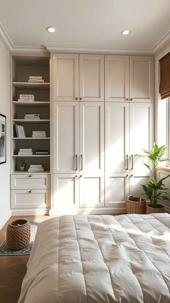 A small bedroom featuring a built-in wardrobe with shelves and a cozy atmosphere.