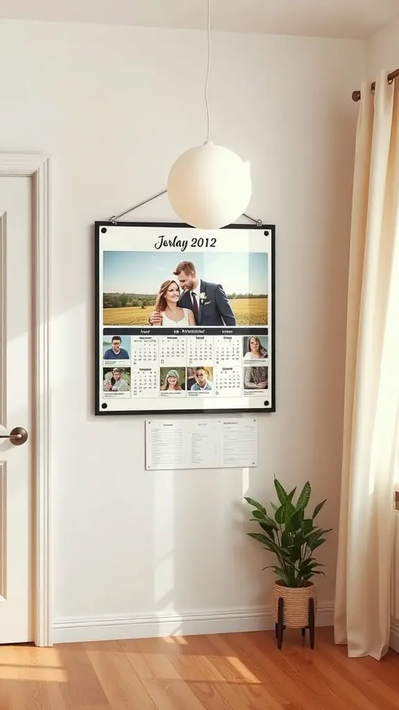 A customized calendar hanging on a wall, featuring photos of a couple and a clean, modern design.