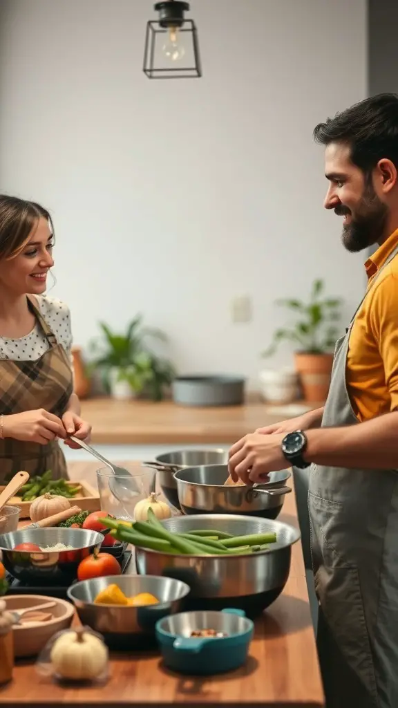 A couple enjoying a cooking class together in a kitchen filled with fresh ingredients.