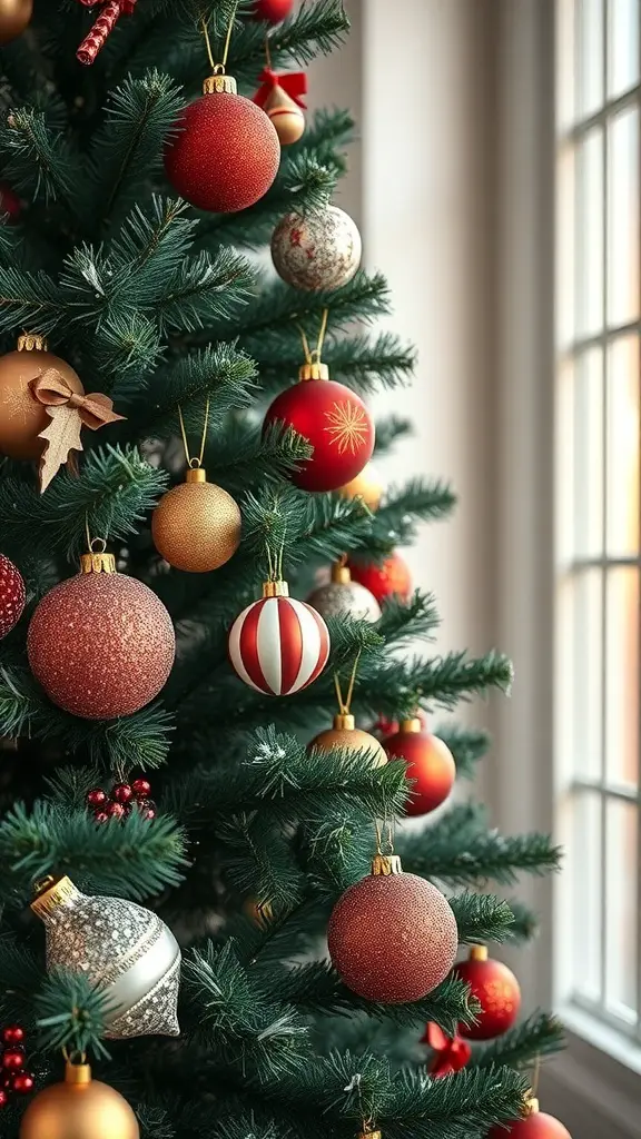 A beautifully decorated Christmas tree featuring pink and champagne ornaments with a mix of textures like velvet and glitter.