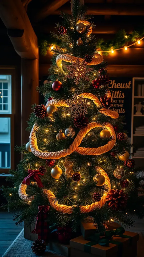 A rustic Christmas tree decorated with ornaments, lights, and a rope garland in a cozy cabin setting.