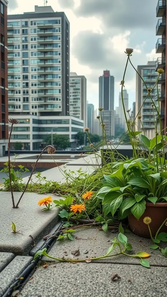 33+ Fascinating Wild Plants You Can Discover Today 11 A rooftop garden with wild plants and flowers in an urban setting, surrounded by tall buildings.