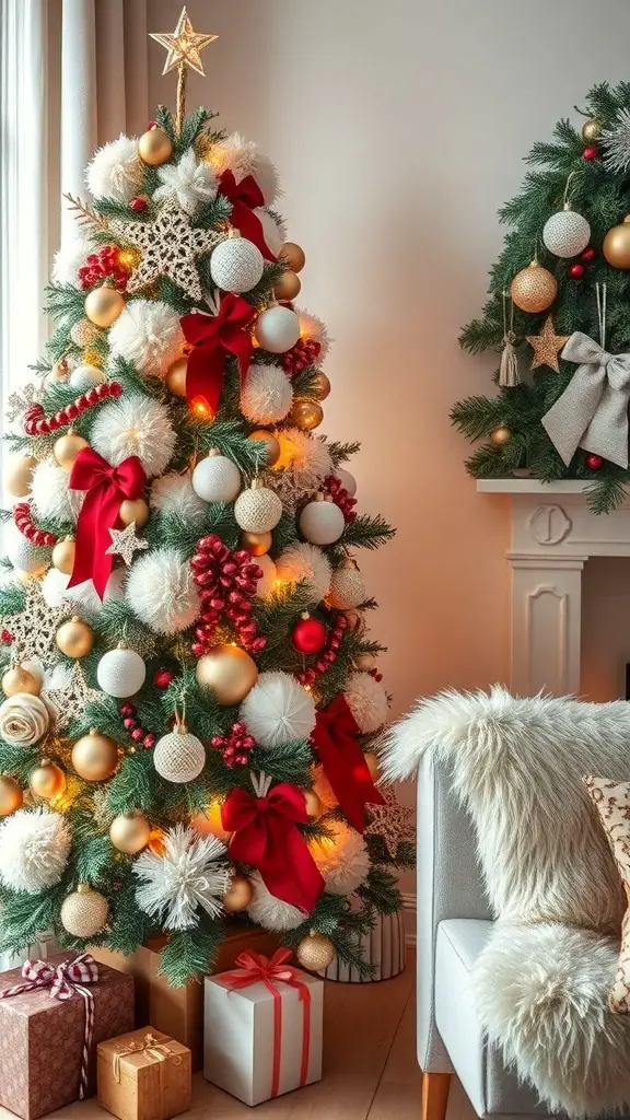 A beautifully decorated Christmas tree with faux fur accents, featuring ornaments, ribbons, and gifts.