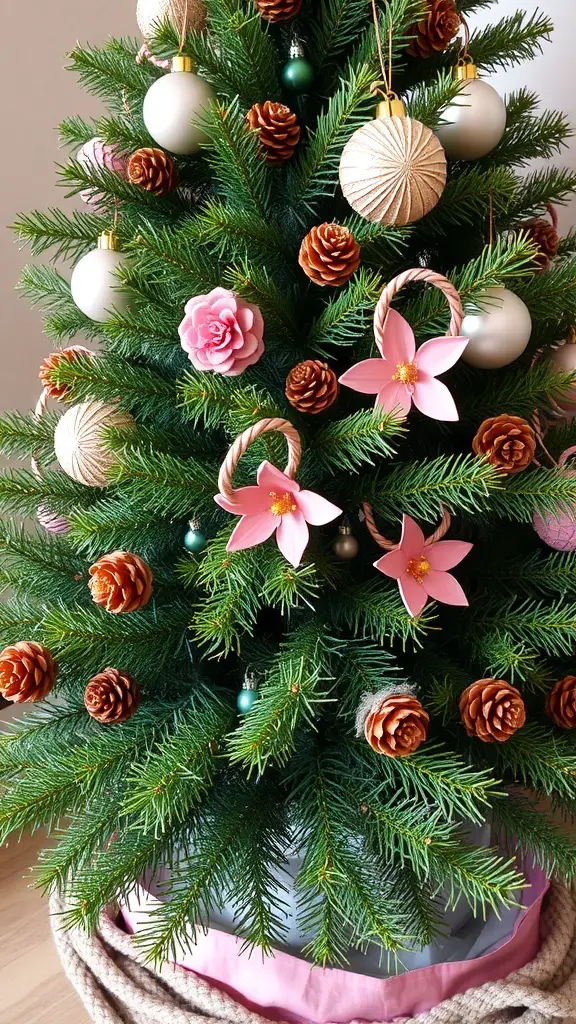 A Christmas tree decorated with pine cones, pink flowers, and soft ornaments.