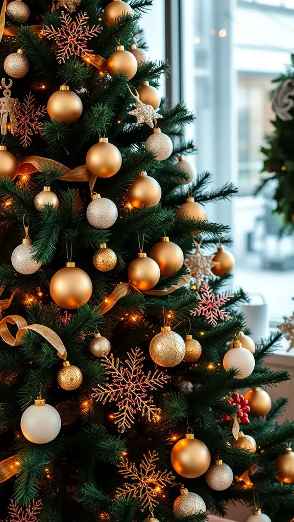 A beautifully decorated hunter green Christmas tree with gold ornaments and snowflake accents.