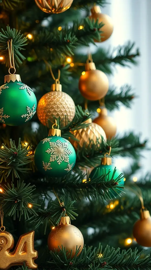 A close-up of a Christmas tree decorated with green and gold ornaments, featuring intricate designs and warm lights.