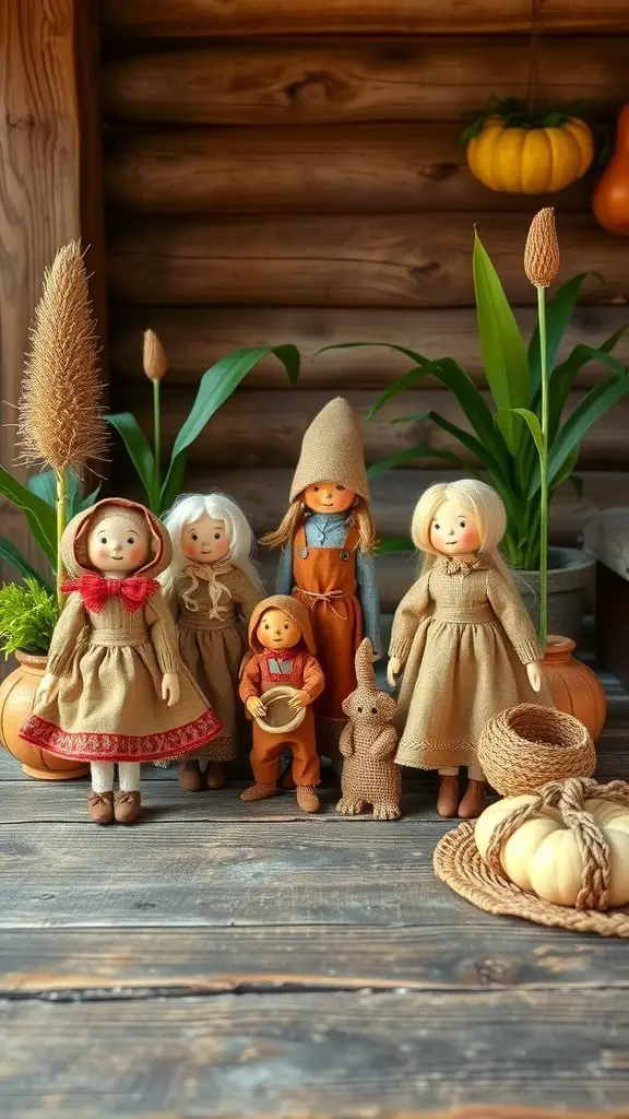 A collection of homemade corn husk dolls in a rustic setting, perfect for Halloween decor.