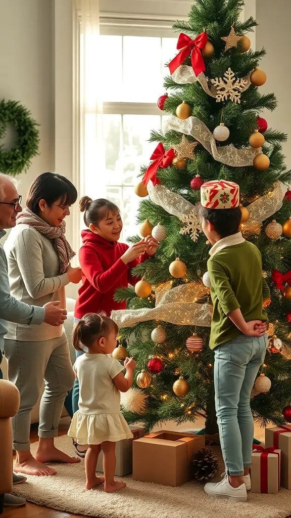 A family decorating a sage green Christmas tree together, filled with ornaments and ribbons.