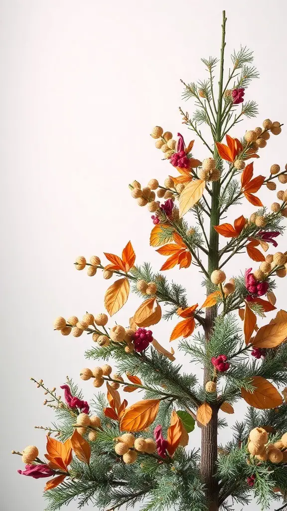 A nature-inspired Christmas tree decorated with colorful leaves and natural ornaments.