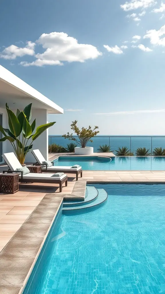 23+ Stunning Tuscan Pool Designs for Your Dream Backyard 5 A beautiful poolside area with lounge chairs, clear blue water, and lush greenery.