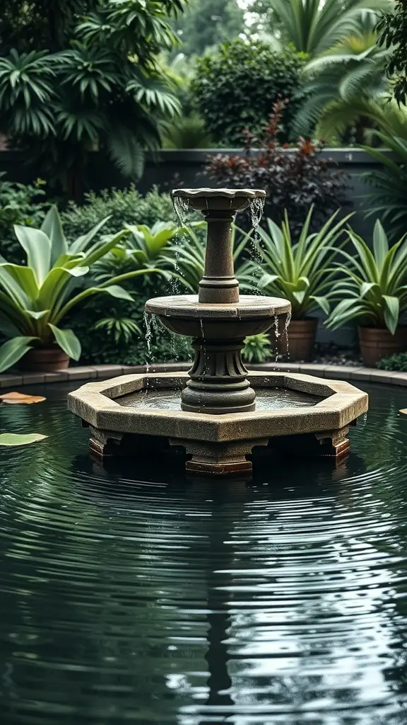 27+ Inspiring Italian Backyard Ideas for a Perfect Outdoor Retreat 15 A stone fountain in a serene garden setting surrounded by lush plants.