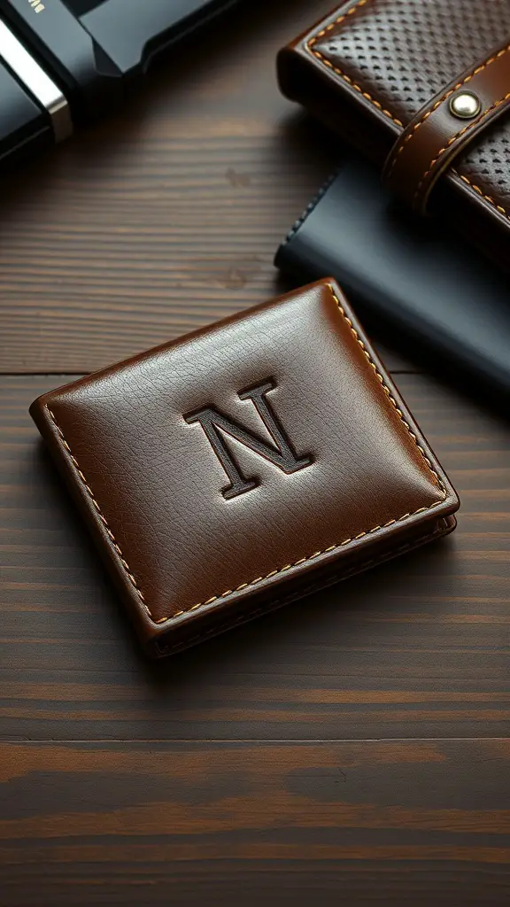 A personalized brown leather wallet with an embossed letter 'N' on a wooden surface.