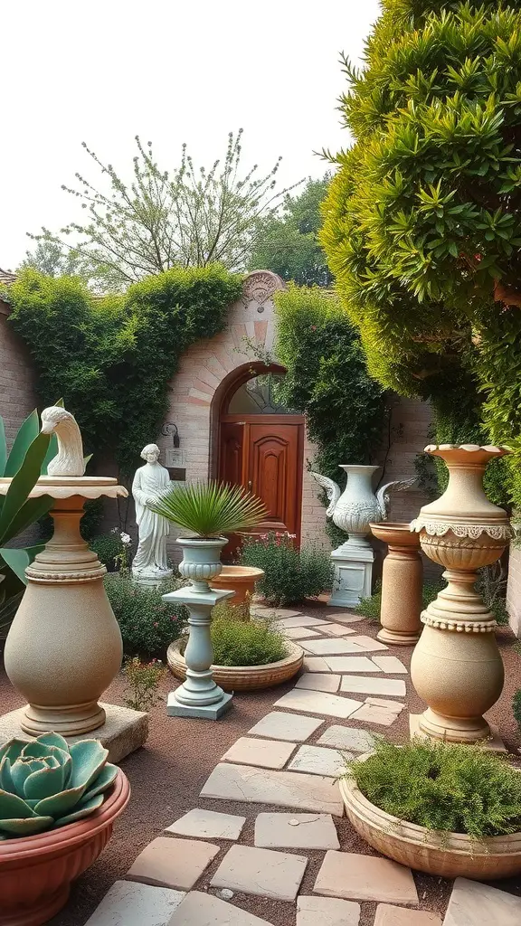 27+ Inspiring Italian Backyard Ideas for a Perfect Outdoor Retreat 16 A picturesque garden pathway adorned with statues and decorative planters, leading to a wooden door.