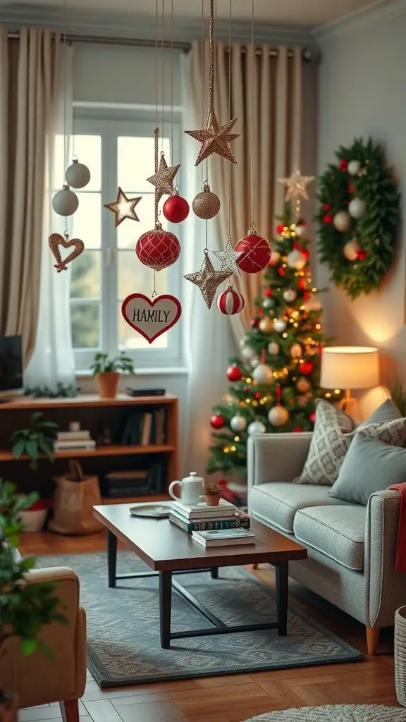 A cozy living room decorated for Christmas with personalized family ornaments hanging from the ceiling.