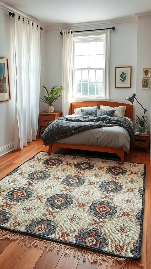 27+ Inspiring Small Bedroom Arrangement Ideas for Maximizing Space 14 A small bedroom featuring a patterned rug under the bed, creating a cozy and defined space.