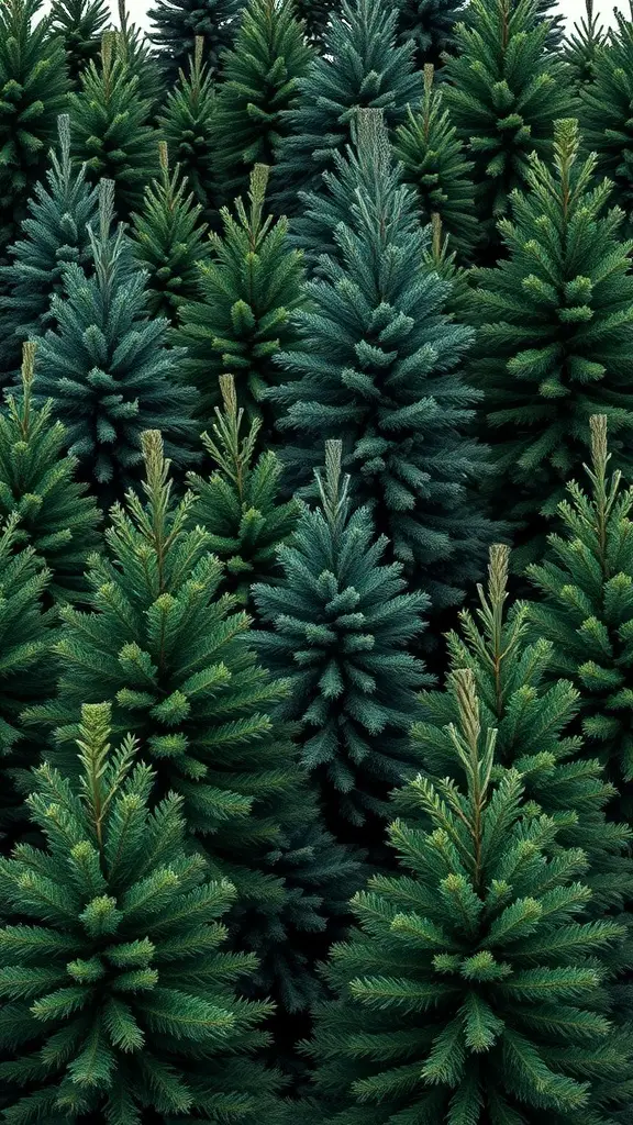 A dense collection of dark green Christmas trees