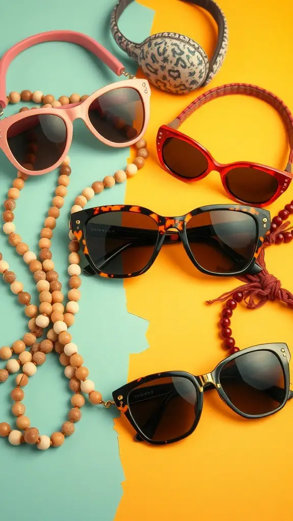 A collection of retro 70s accessories including sunglasses, bead necklaces, and headbands on a colorful background.