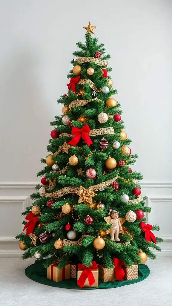 A family standing in front of a decorated green velvet Christmas tree, smiling together.