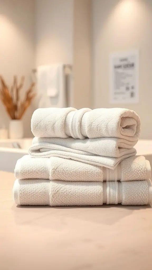 27+ Unique Wedding Gifts for Every Couple 14 A stack of luxurious white bath towels on a wooden surface in a modern bathroom setting.