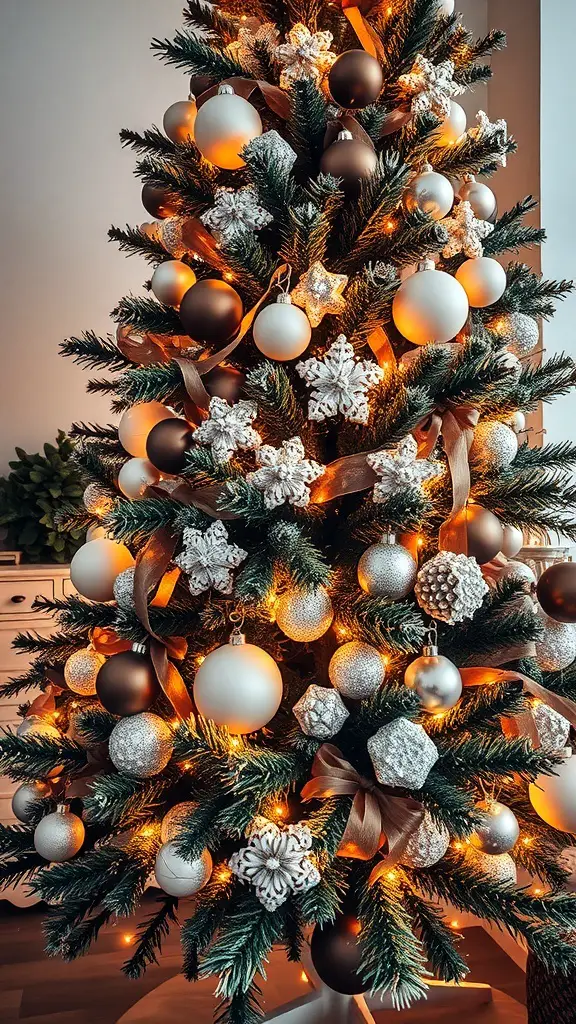 A beautifully decorated brown and white Christmas tree with warm lights and ornaments.