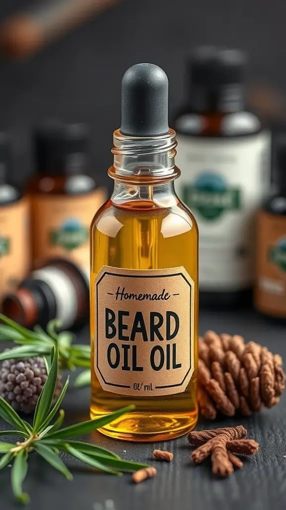 23+ Thoughtful Homemade Gift Ideas for Your Boyfriend 5 A bottle of homemade beard oil with a label, surrounded by essential oils and natural elements.