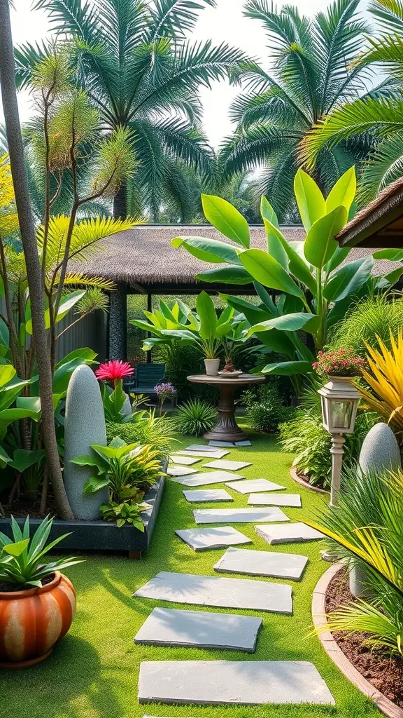 25+ Stunning Bali Garden Design Ideas You’ll Love 12 A sustainable Bali garden featuring a stone pathway, tropical plants, and natural materials.