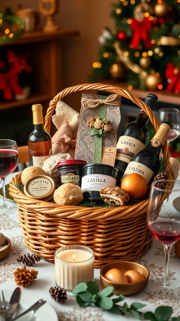 A gourmet gift basket filled with wine, gourmet spreads, and snacks, set against a festive background.