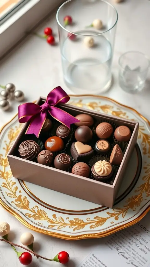 25+ Thoughtful Anniversary Gifts for Her 16 Artisan chocolate gift box with assorted chocolates and a purple ribbon