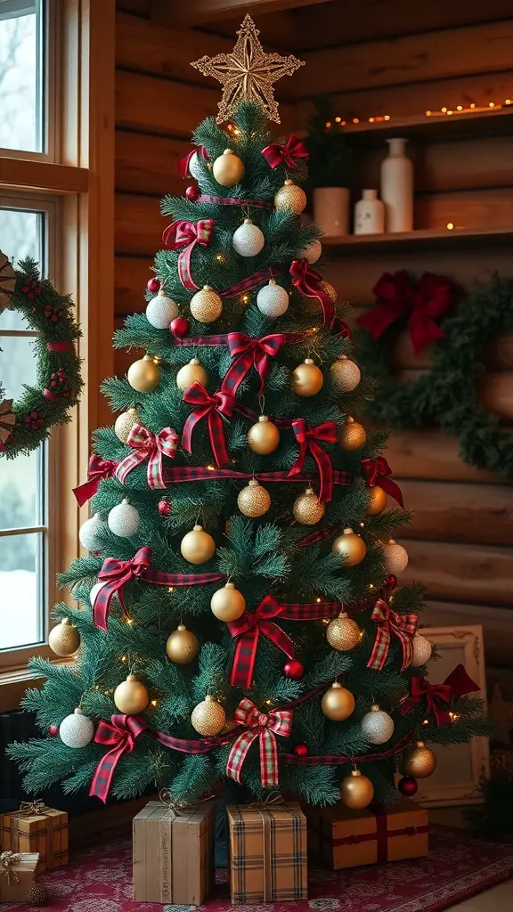 A beautifully decorated Christmas tree in a vintage cabin setting, featuring gold and white ornaments, red ribbons, and surrounded by wrapped gifts.