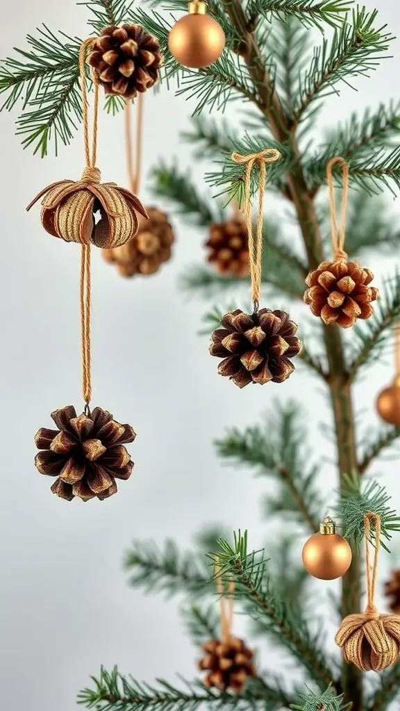 A Yule tree adorned with pinecone ornaments and golden baubles.