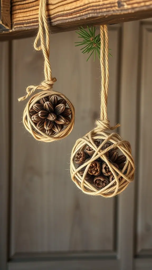 Two rustic twine and pinecone ornaments hanging from a wooden beam.