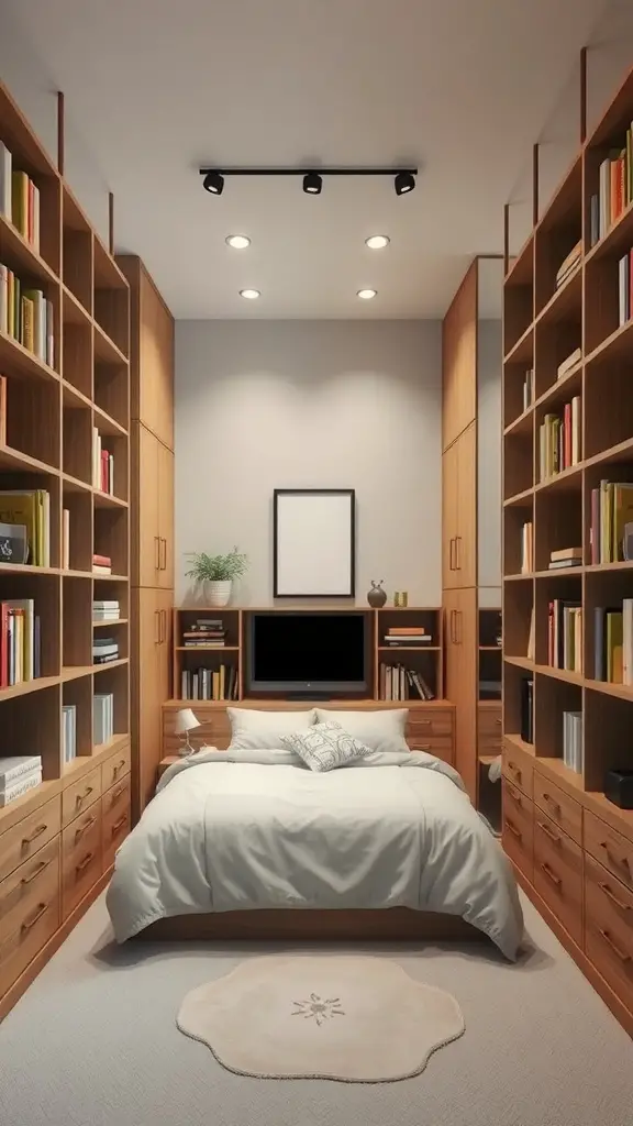 27+ Creative Small Rectangular Bedroom Ideas to Maximize Space 4 A small rectangular bedroom featuring tall wooden bookshelves, a central bed, and a light color scheme.