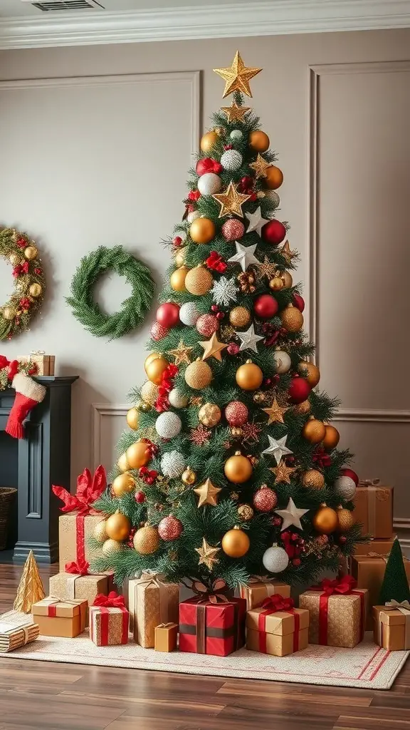 A beautifully decorated bronze Christmas tree with gold and red ornaments, surrounded by wrapped gifts.