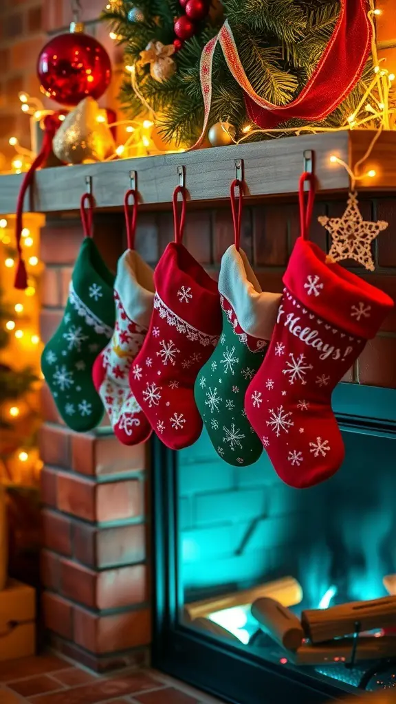 Colorful Christmas stockings hanging by a fireplace, decorated with snowflakes and festive patterns.
