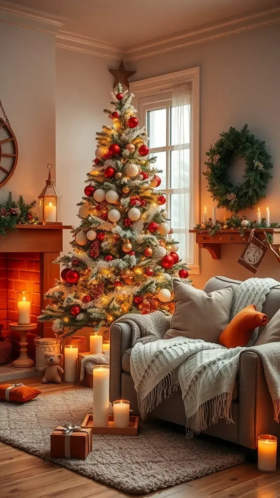 A cozy living room decorated for Christmas with a brown and white tree, candles, and gifts.