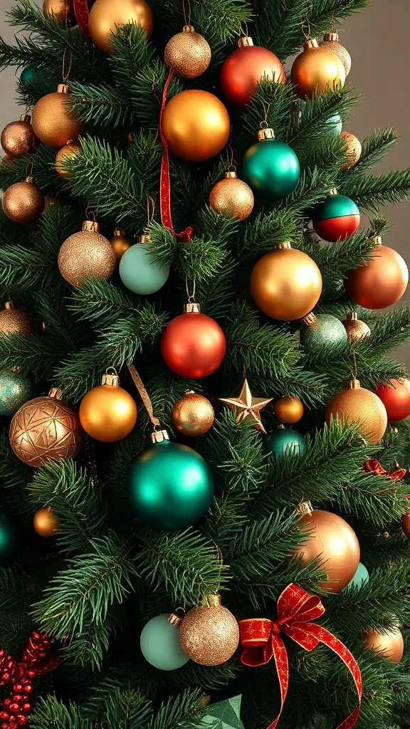 A Christmas tree decorated with copper and emerald green ornaments.