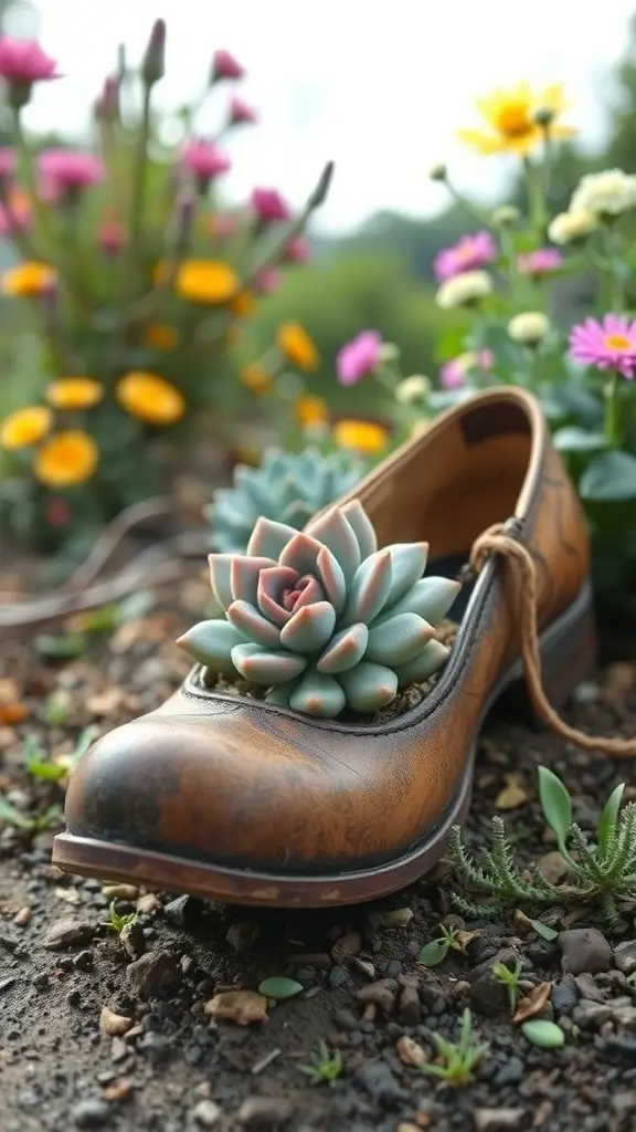 A brown shoe planter with a succulent, surrounded by colorful flowers.