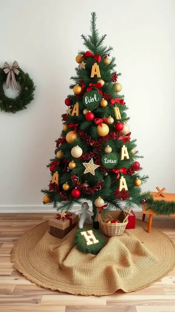 A beautifully decorated Christmas tree with a burlap tree skirt and colorful ornaments.