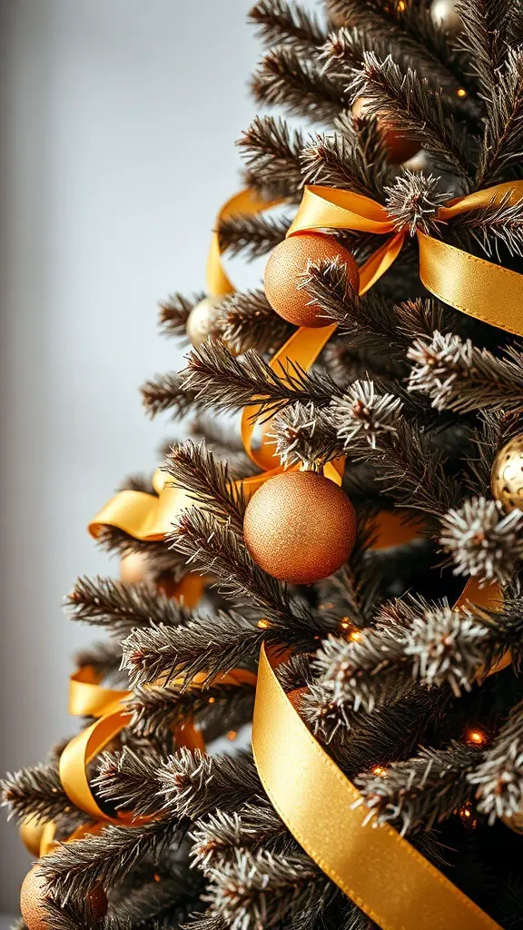 A Christmas tree with gold ribbons and brown branches, featuring gold ornaments.