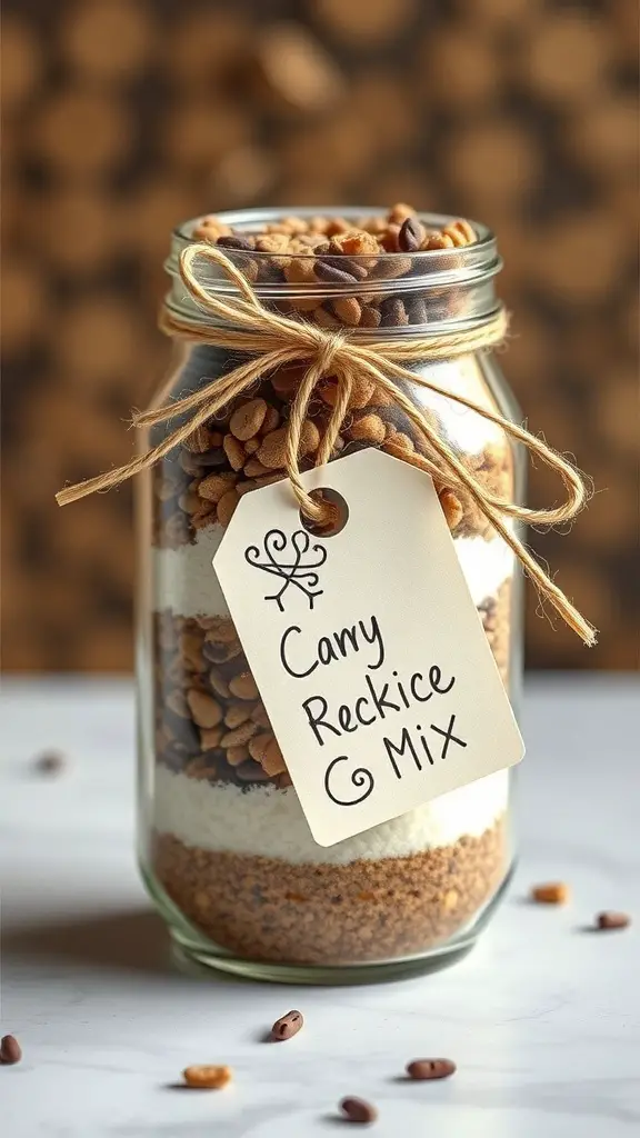 A jar filled with layered ingredients for a recipe, labeled 'Carry Reckice & Mix'.