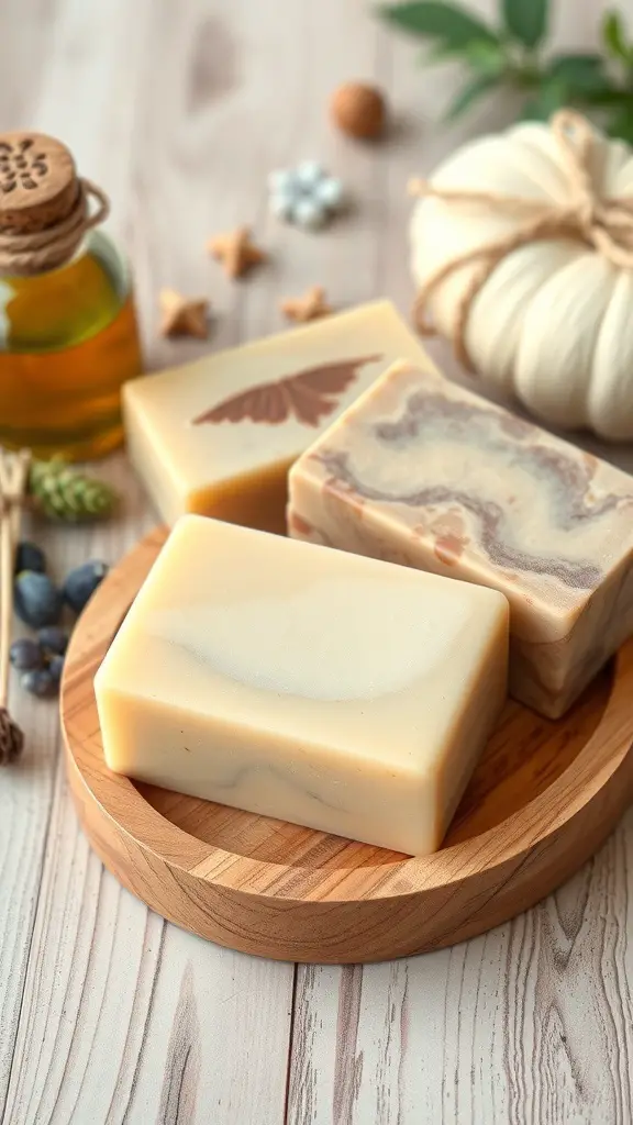 A collection of handmade soap bars on a wooden plate, surrounded by natural ingredients.