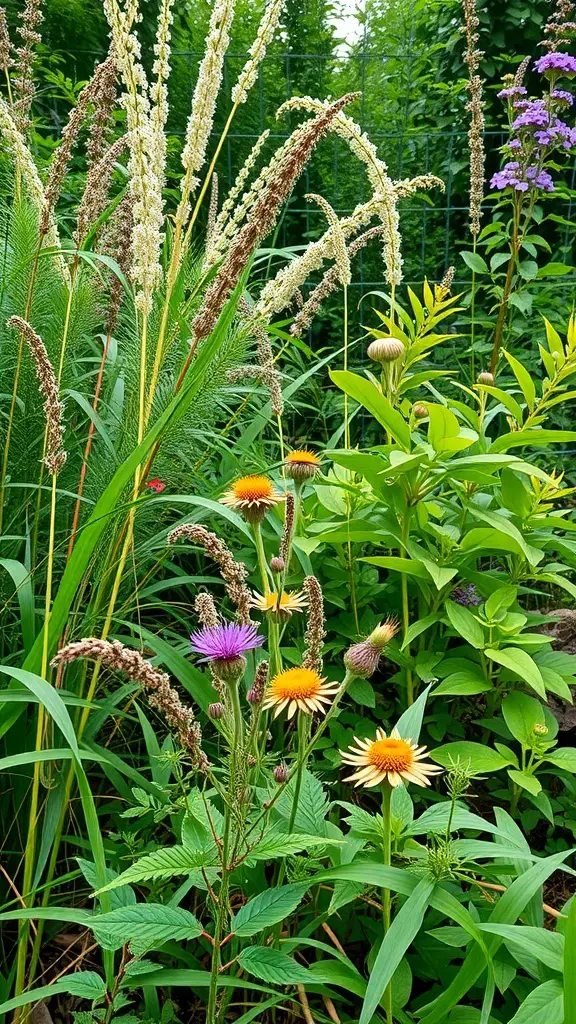 31+ Wild Garden Ideas to Transform Your Outdoor Space 5 A vibrant wild garden featuring native plants with colorful flowers and tall grasses.