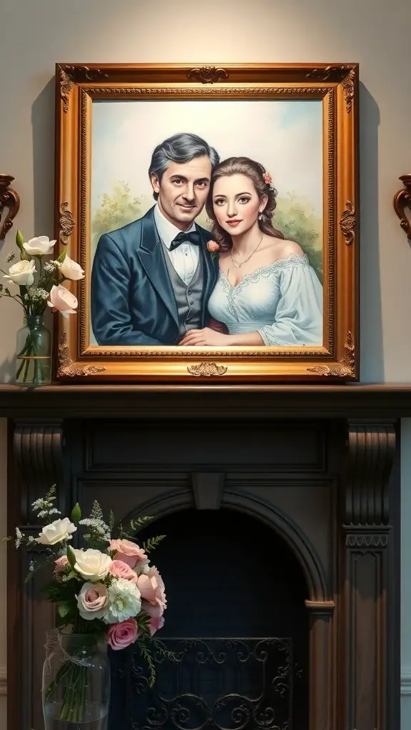 31+ Thoughtful Anniversary Gift Ideas for Every Couple 13 Customized couple portrait of a man and woman in elegant attire, framed and displayed above a fireplace with flowers nearby.