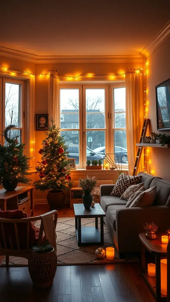 A cozy living room decorated with string lights and a Christmas tree, creating a festive atmosphere.