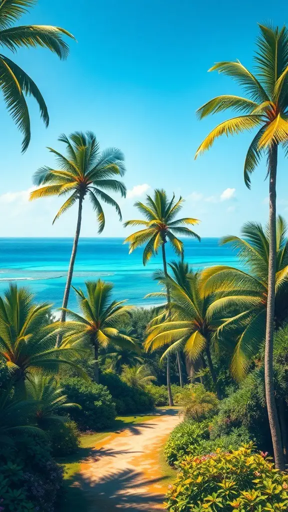 29+ Stunning Landscape Paintings You Need to See 10 A tropical landscape featuring palm trees and a clear blue ocean.