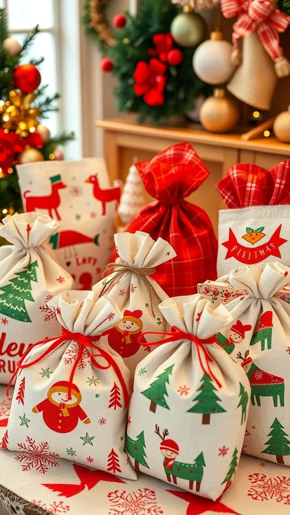 33+ Must-Try Christmas Sewing Patterns for Festive Fun 2 A collection of whimsical gift bags with festive designs, including snowmen, Christmas trees, and reindeer, arranged in a cozy holiday setting.
