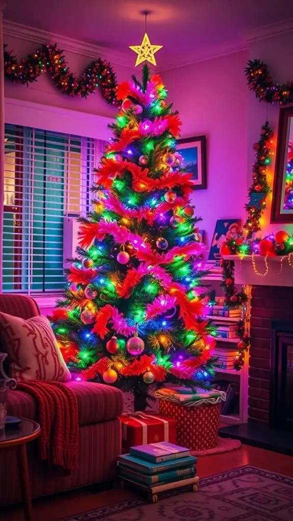 A colorful 90s style Christmas tree with tinsel and lights in a cozy living room.