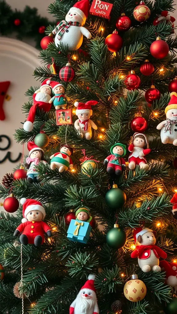A Christmas tree decorated with vintage holiday figurines and ornaments.