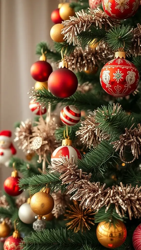 A close-up of a Christmas tree adorned with vintage ornaments and tinsel.
